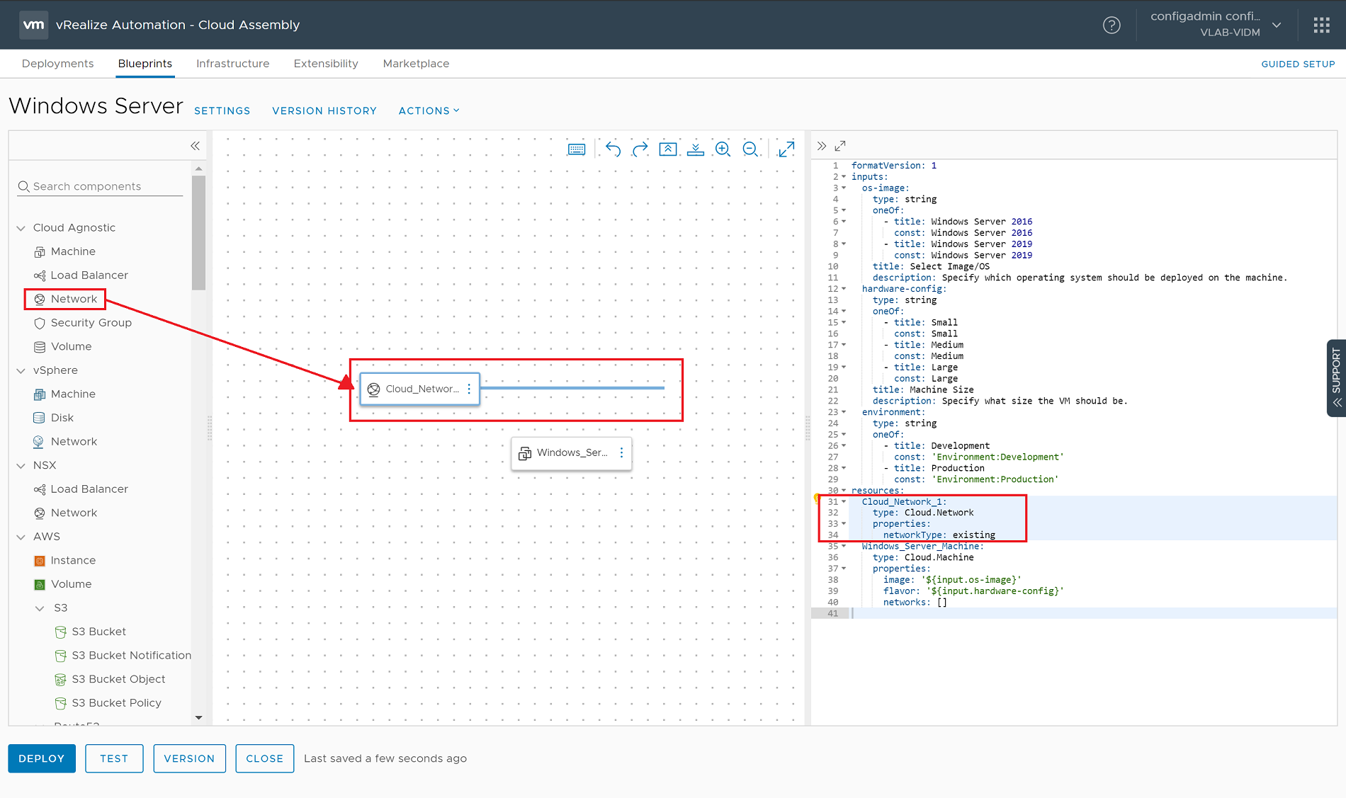 vRealize Automation 8.0 - Cloud Assembly - Blueprints - Edit Blueprint - Add Cloud Agnostic Network
