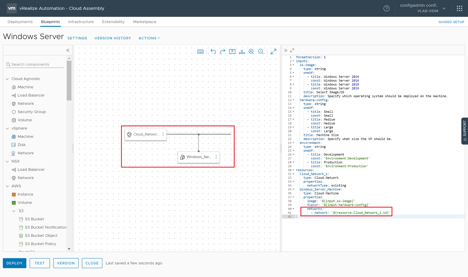 vRealize Automation 8.0 - Cloud Assembly - Blueprints - Edit Blueprint - Machine Connected to Network