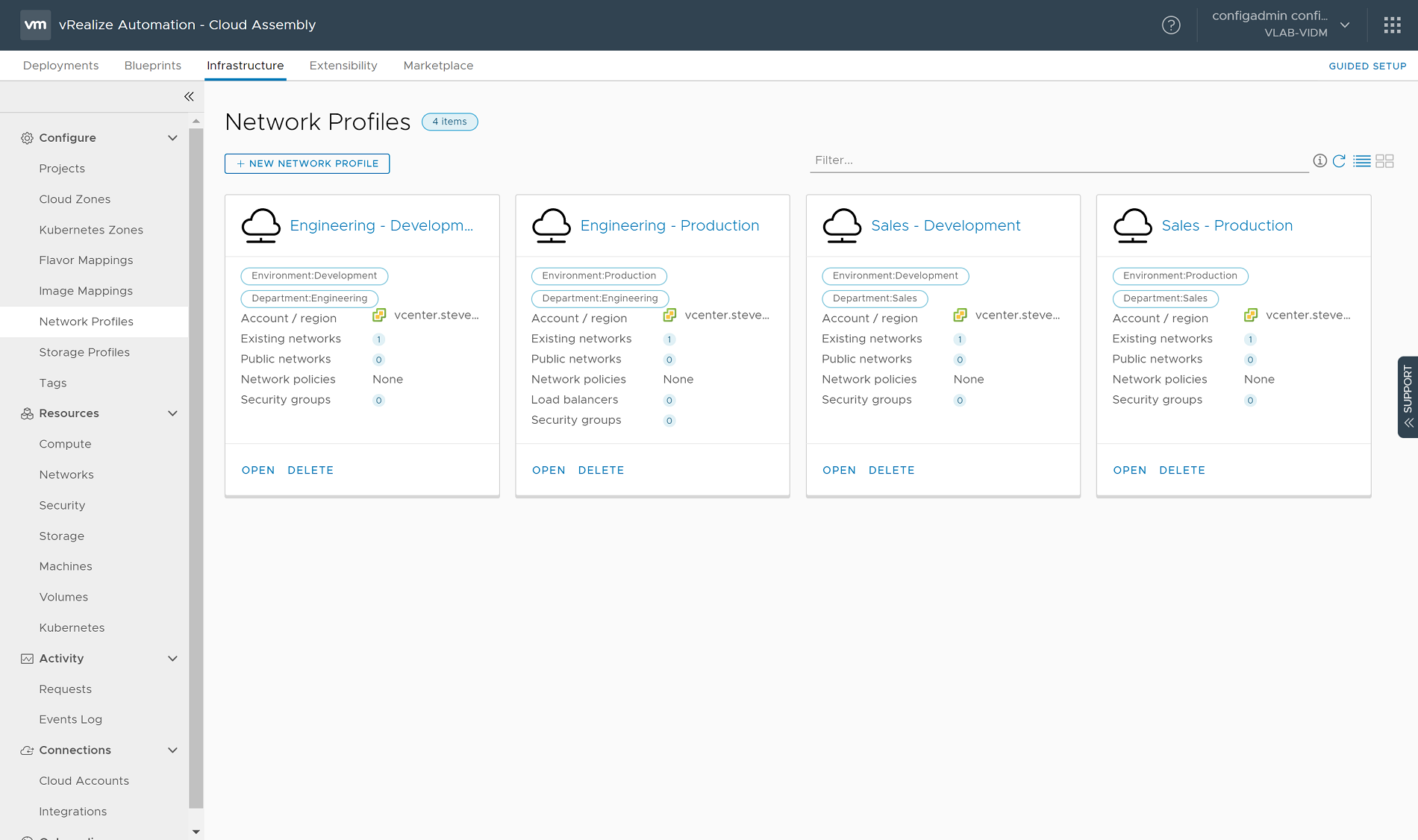 vRealize Automation 8.0 - Cloud Assembly - Infrastructure - Network Profiles - All Profiles Created