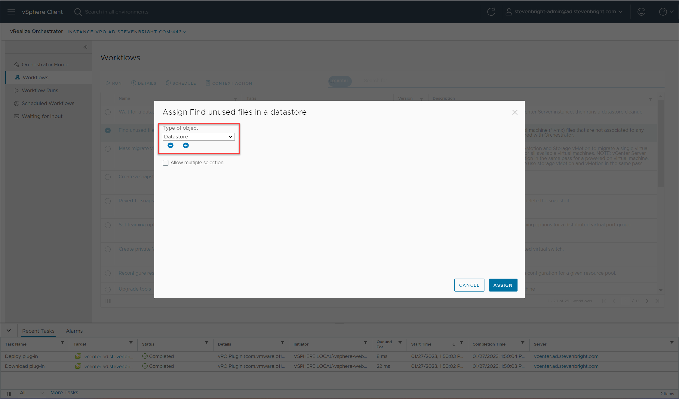 Screenshot of the dialog used to assign workflows to the context menus for specific VMware vSphere Client objects