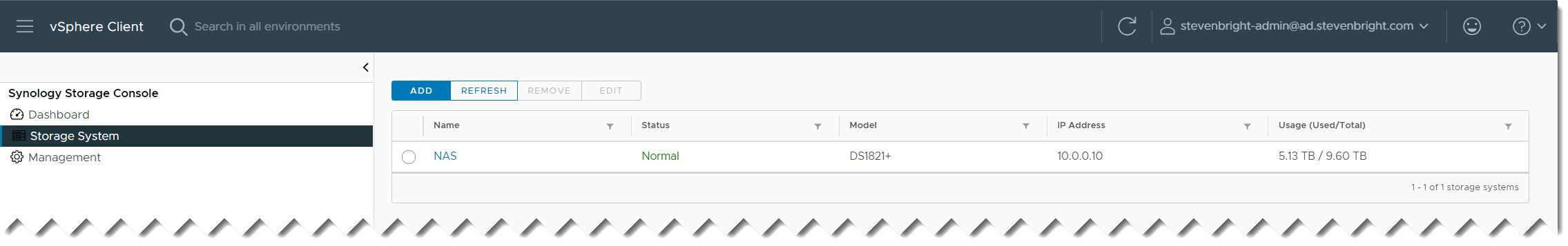 Synology Storage Console for VMware - Storage System List Showing Newly Added System